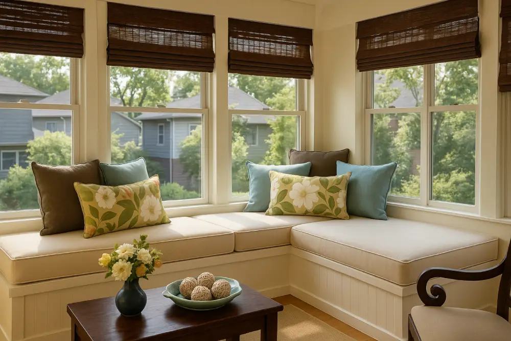 Cozy sunlit L-shaped window seat in a bright sunroom, featuring cream cushions, floral pillows, bamboo Roman shades, and a wooden coffee table.