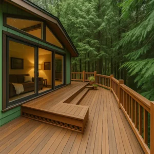 Beautiful forest cabin with a warm wooden deck, large sliding glass doors opening into a cozy sunroom, glowing interior lighting, and surrounded by lush green evergreen trees.