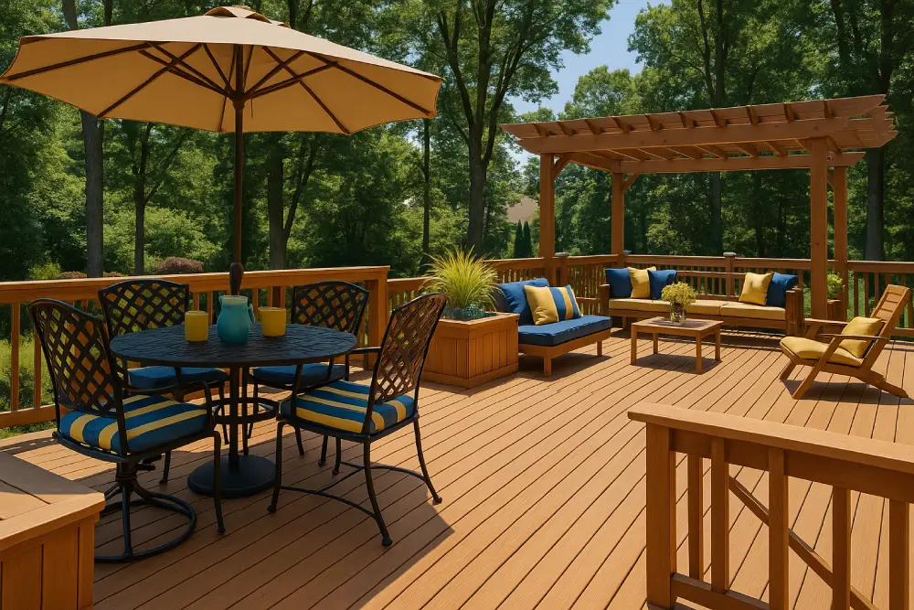 Spacious sunny backyard deck with wooden pergola, black metal dining set, and blue-yellow cushioned seating surrounded by lush trees.